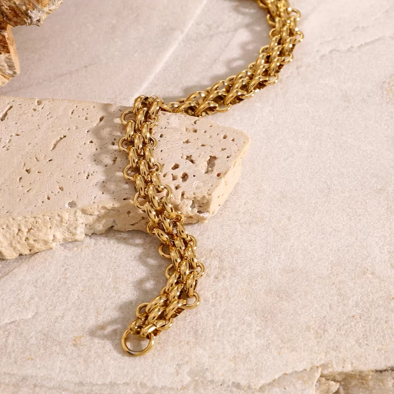 J&D 18k Gold Stainless Steel Heavy-Duty Woven Chain Bracelet Waterproof 207mm Durable - Image 5