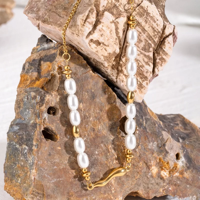 18K Gold Stainless Steel Glass Pearl Oval Pearl Smooth 45+5cm Wave Straight Women Necklace - Image 2