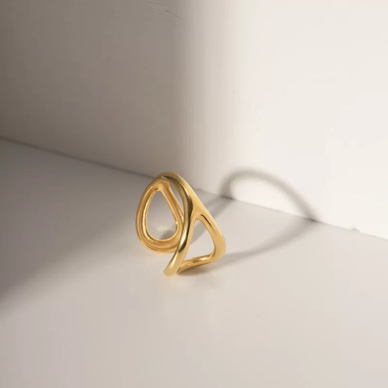 Geometric Jewelry Waterproof Stainless Steel 18K Gold Plated Hollow Double Layer Opening Ring for Women - Image 4