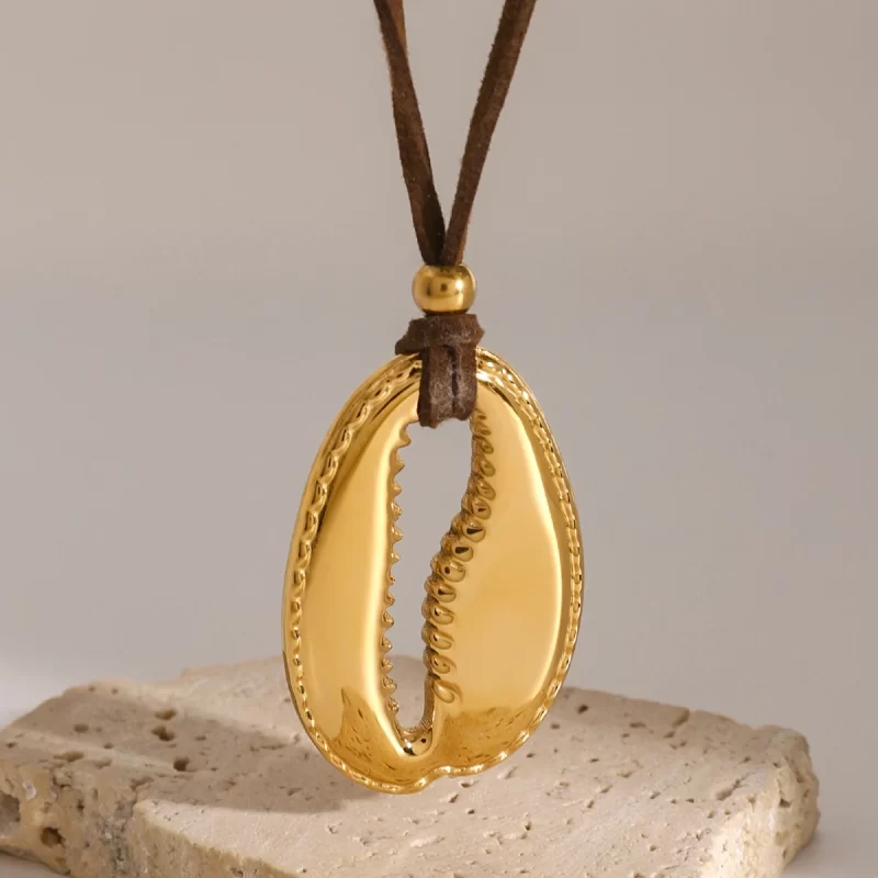J&D Large Shell Pendant Cord Necklace 18K PVD Gold Plated Stainless Steel Beach Vacation Trendy Charm Necklace - Image 4