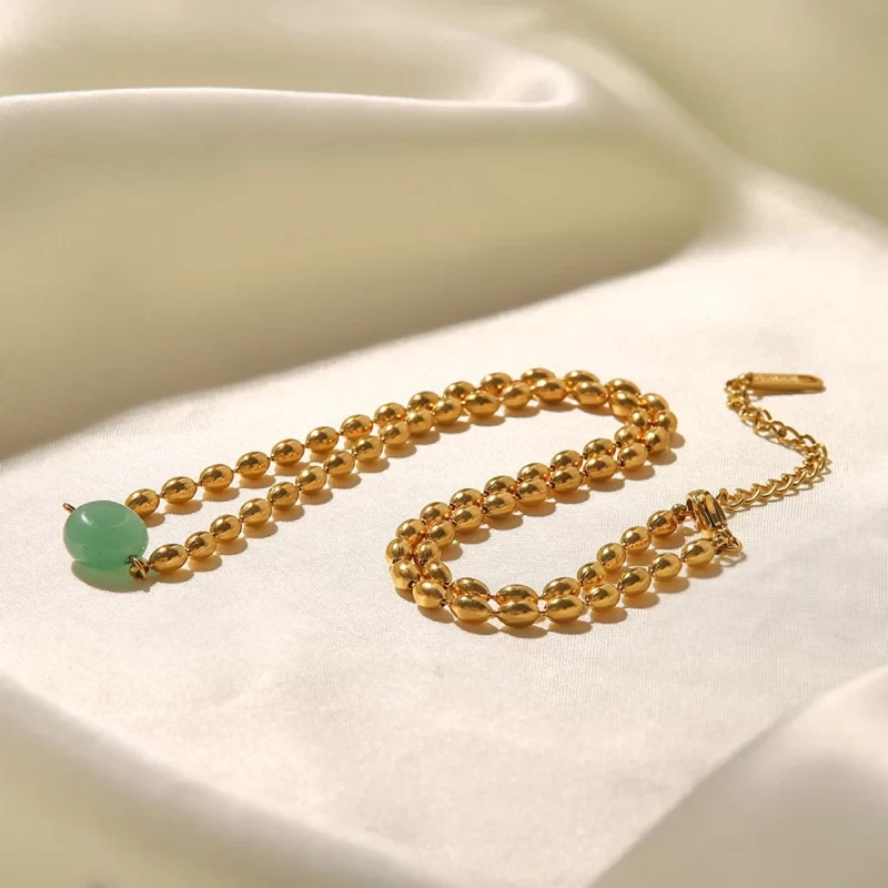 Stainless Steel 18K Gold Plated Jewelry Green Natural Stone Oval Golden Bead Necklace for Women - Image 5