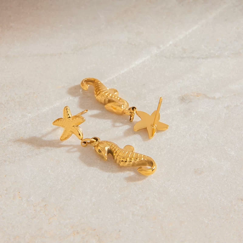 18K Gold Plated Stainless Steel Hoop Earrings Ocean Starfish Sea Horse Drop Geometric Holiday Beach Design - Image 4