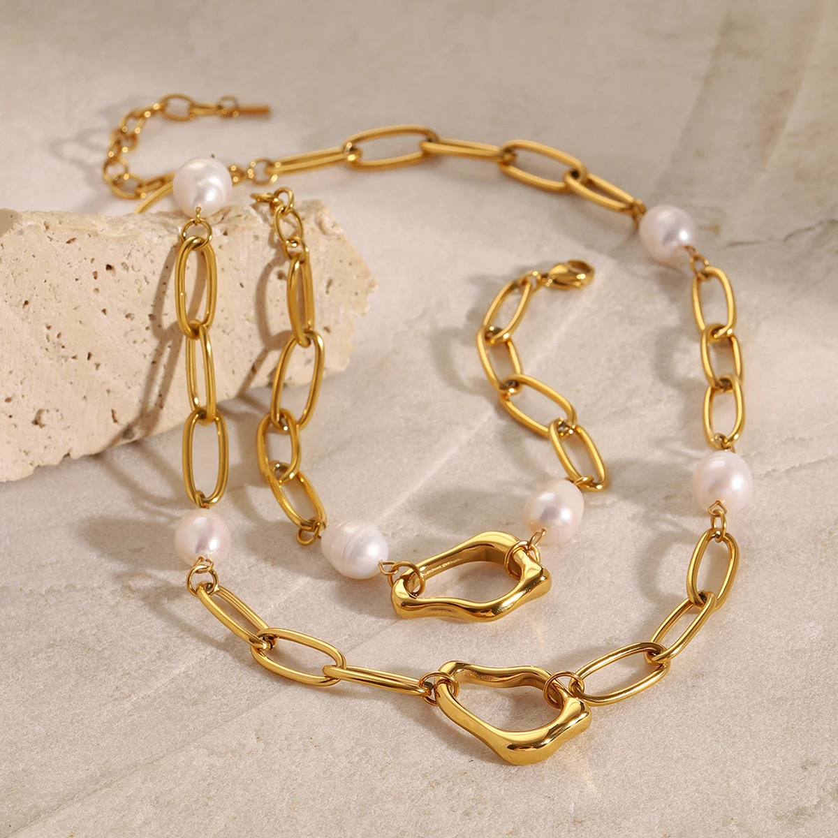 J&D Dainty 18k Gold Stainless Steel Freshwater Pearl Irregular Pendant Necklaces Bracelets Set