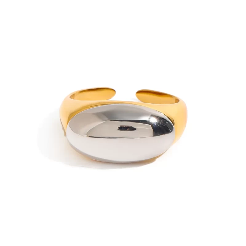 J&D 18K Gold Stainless Steel Modern Minimalist Chic Adjustable Jewelry Two-Tone Polished Oval Open Ring