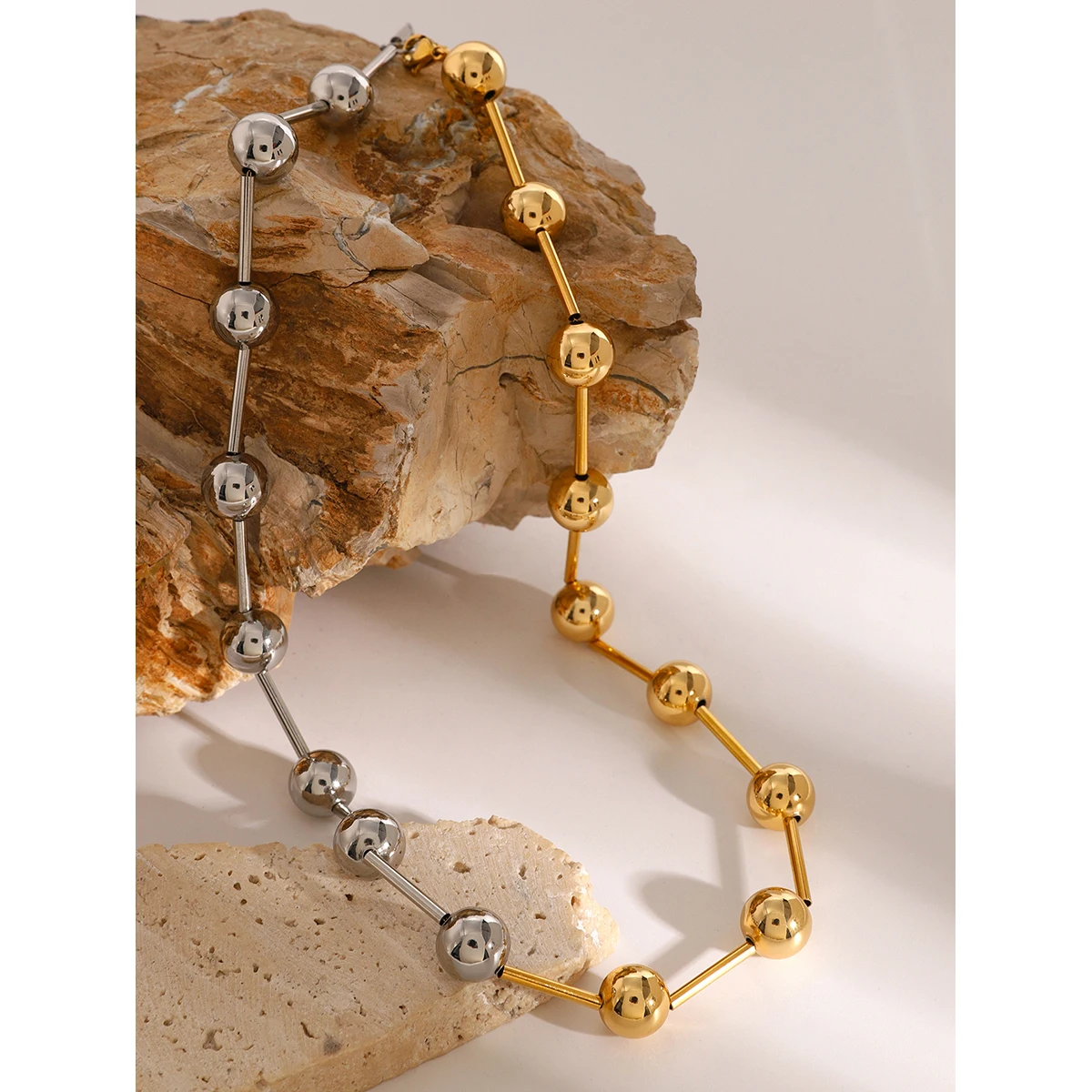 J&D 18k Gold Stainless Steel Gold Silver Color Block Steel Ball Necklace Trendy Design 47cm