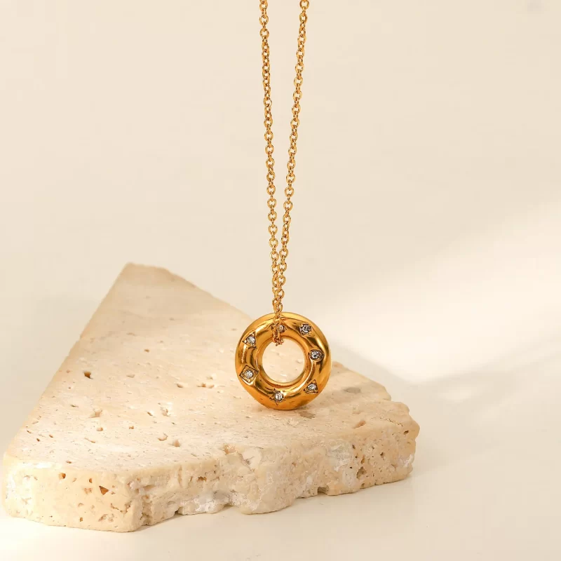 18k Gold Plated Stainless Steel Tarnish Free Cubic Zirconia Circle Hollow Pendant Necklace - Image 3