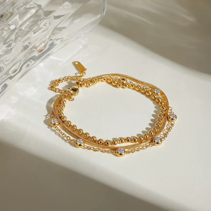 J&D 18K Gold Plated Stainless Steel Multi-layer Cubic Zirconia Bracelet, 18+5cm - Image 3