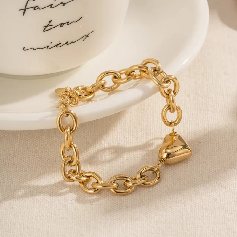 Instagram New Trendy 14K Real Gold Plated Stainless Steel Jewelry Love Heart Pendant Chain Bracelet - Image 5