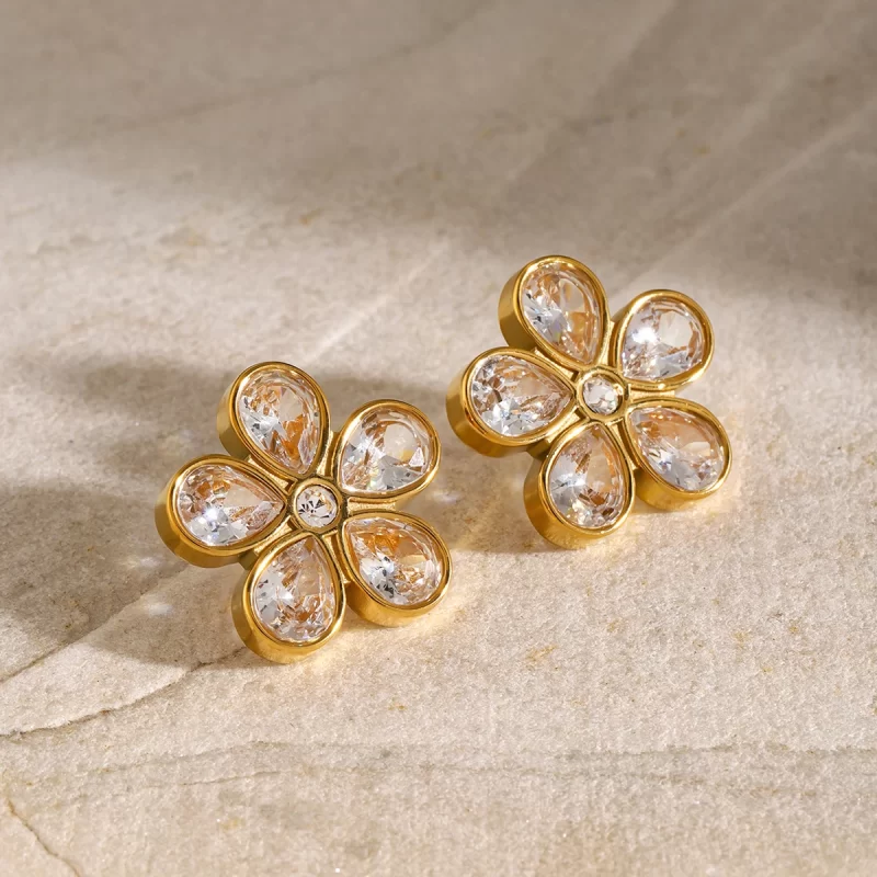 Stainless Steel Earring Women Earring Daisy Flower Fashion Jewelry Stud Post CZ 18K Gold Crystal Stone Flower Shape Stud - Image 2