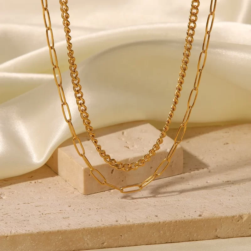 Minimalist 2 Layer Link Cuban Chain Retro18K Real Gold Plated Stainless Steel Chain Necklace - Image 2