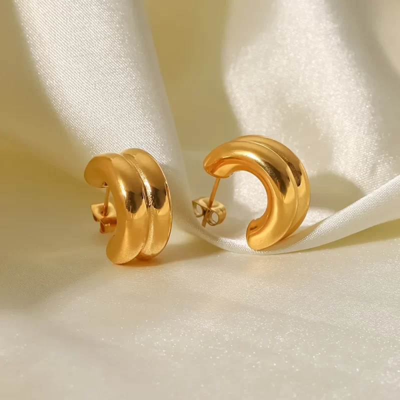 18K Gold Plated Stainless Steel Jewelry Gift Double Layer CC Shaped Chunky Earrings - Image 4