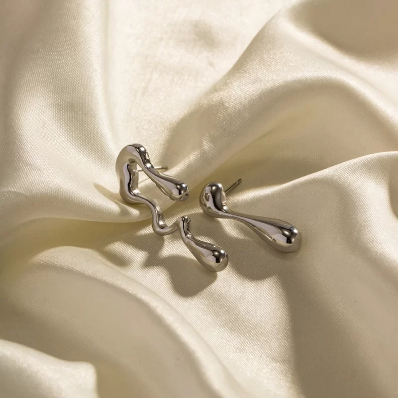 Stainless Steel Irregular Water Drop Asymmetric Melting Ice Design Stud Earring - Image 3