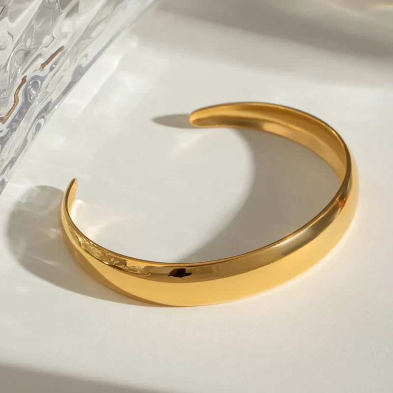 J&D 18k Gold Stainless Steel Open Bangle Bracelet Trendy Minimalist Accessory with Polished Convex Surface - Image 3