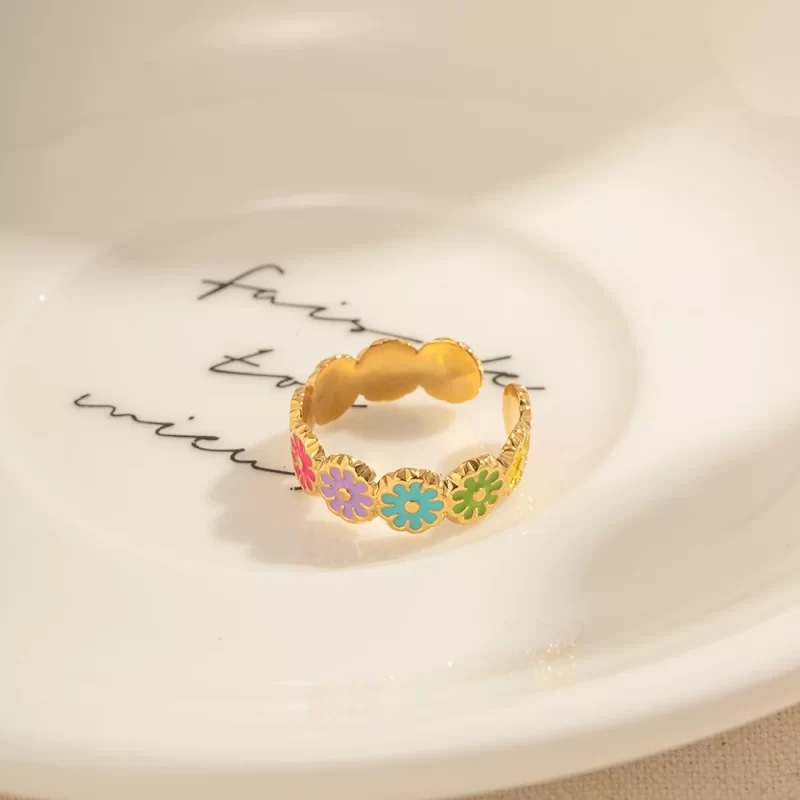 Summer Colorful Flower Ring 18K PVD Gold Plated Stainless Steel Hand Making Oil Drop Craft Open Ring - Image 2