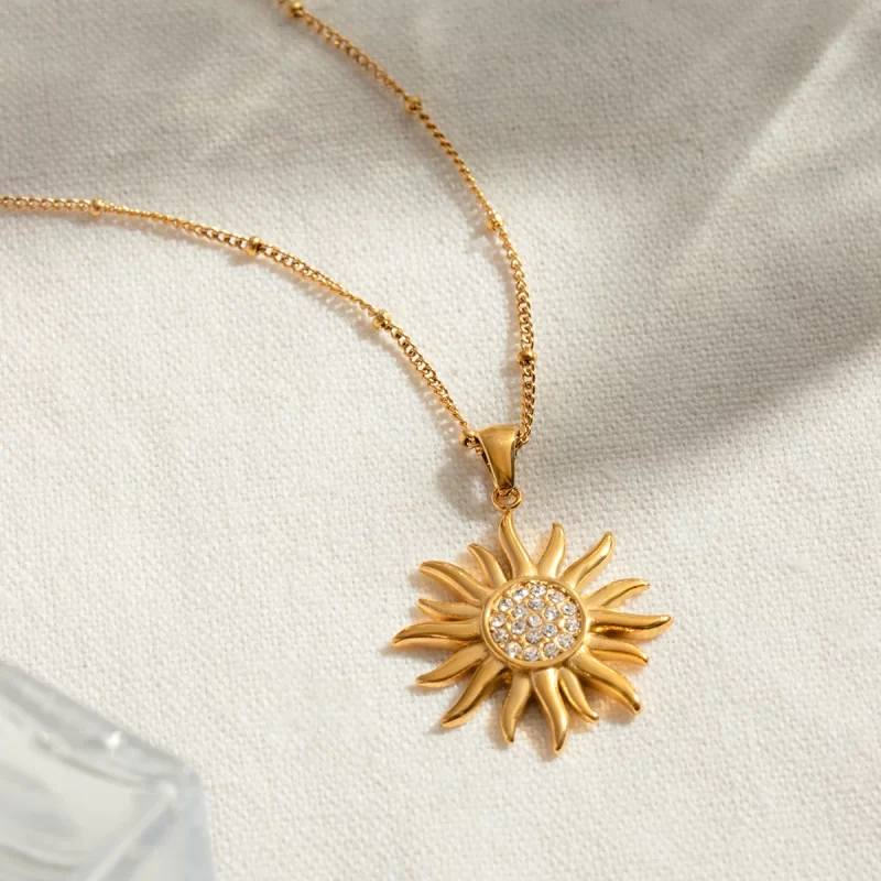 New Arrival Stainless Steel Stud Earring Waterproof Rhinestones Sun Shape Pendant Necklace for Women - Image 2