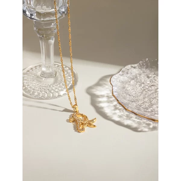 J&D 18k Gold Stainless Steel White Zircon Seahorse Starfish Pendant Ocean Necklace 45+5cm
