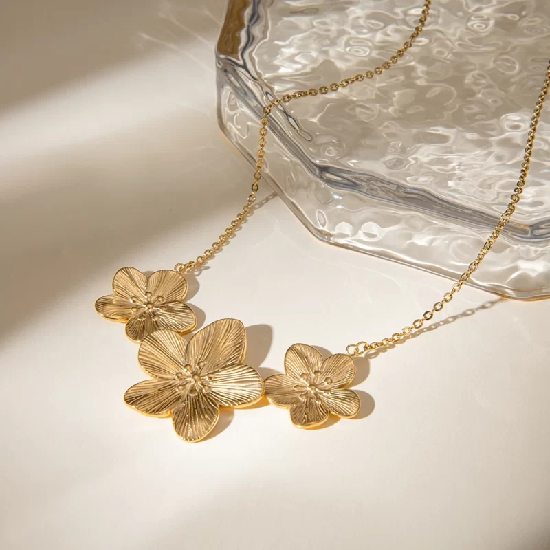 J&D Delicate Jewelry Stainless Steel 18K Gold Plated Necklaces Three Flowers Necklace for Women - Image 2