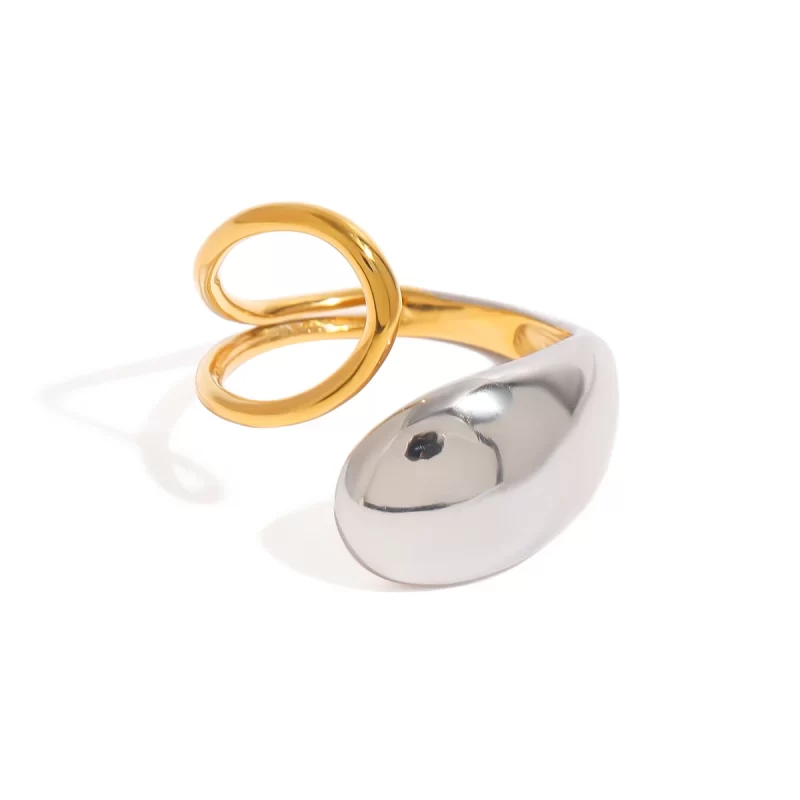 J&D 18K Gold Stainless Steel Adjustable Trendy Fashion Jewelry Two-Tone Waterdrop Geometric Open Ring