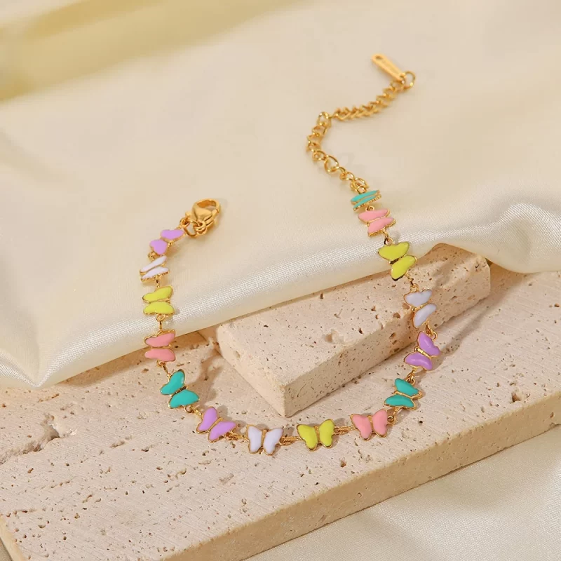 Charm 18k Gold Stainless Steel Dripping Oil Jewelry Gift Colorful Enamel Butterfly Chain Bracelet - Image 5