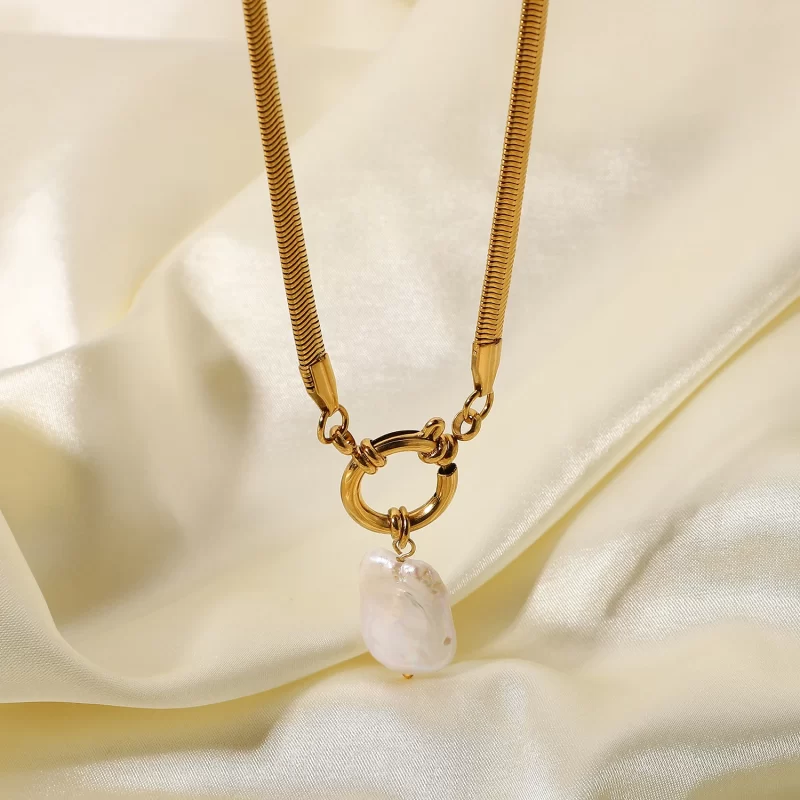 18K Stainless Steel Necklaces with Square Baroque Pearl Pendant Trendy Snake Chain 5mm Choker Jewelry for Anniversaries - Image 2