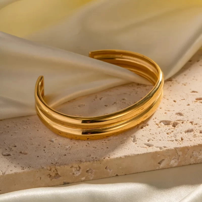 Minimalist Women Dainty Layer Chunky 18K PVD Gold Plated Stainless Steel Bracelet Opening Bangle - Image 3