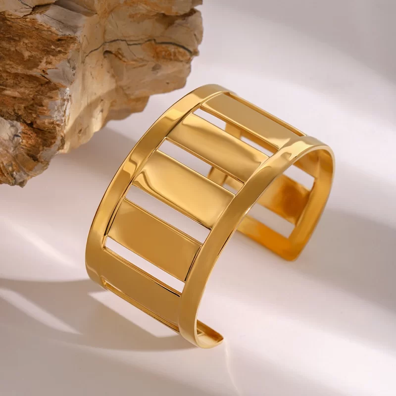 Waterproof 18k Gold Plated Stainless Steel Jewelry Party Gift Geometric Chunky Simple Cuff Bracelet - Image 4