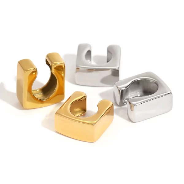 18k Gold Stainless Steel Jewelry Smooth Square Ear Clips Modern Design One Pair
