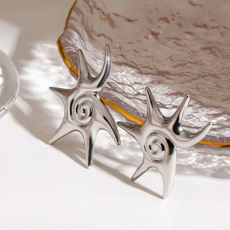 Steel Color Stainless Steel Irregular Starfish Spiral Earrings Trendy Stud Stylish Neutral Decoration - Image 5