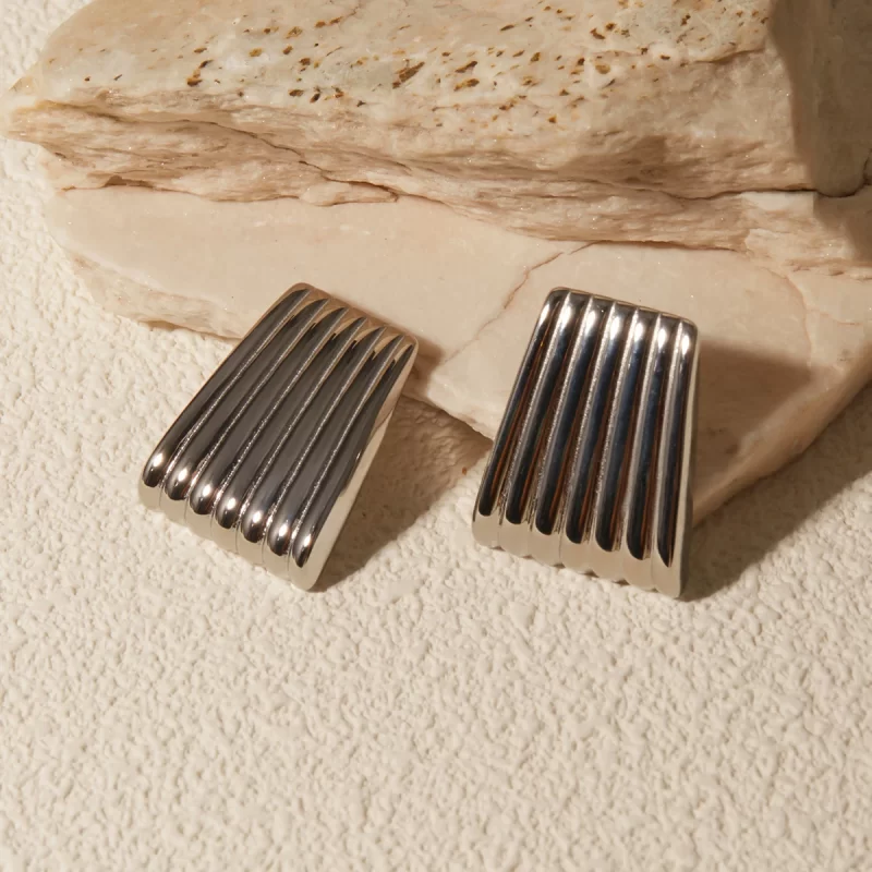Chunky Jewelry 18K Gold Plated Texture Earrings Statement Stainless Steel Rectangular Stripe Earring - Image 2