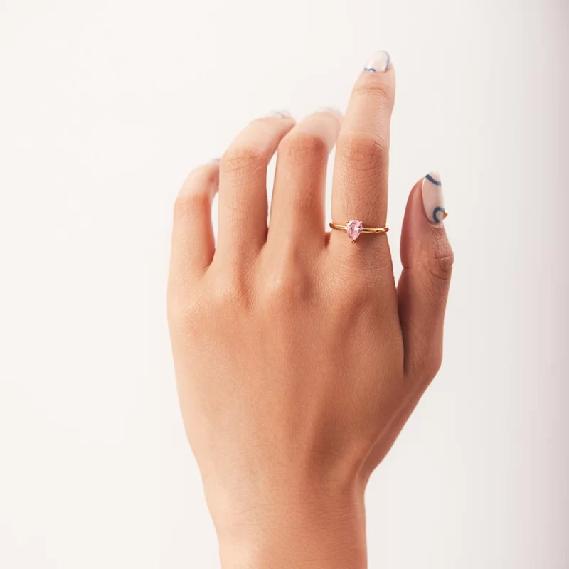 18K Gold Plated Pink Oval Water Drop Zircon Adjustable Stainless Steel Dainty Rings for Women - Image 2