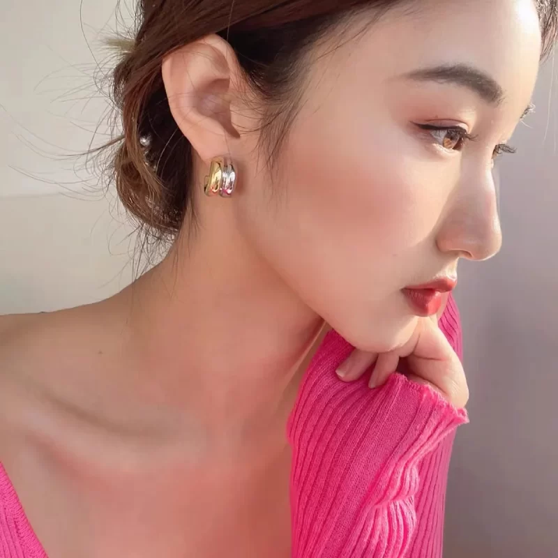 18K Gold Plated Stainless Steel Jewelry Gift Double Layer CC Shaped Chunky Earrings - Image 3