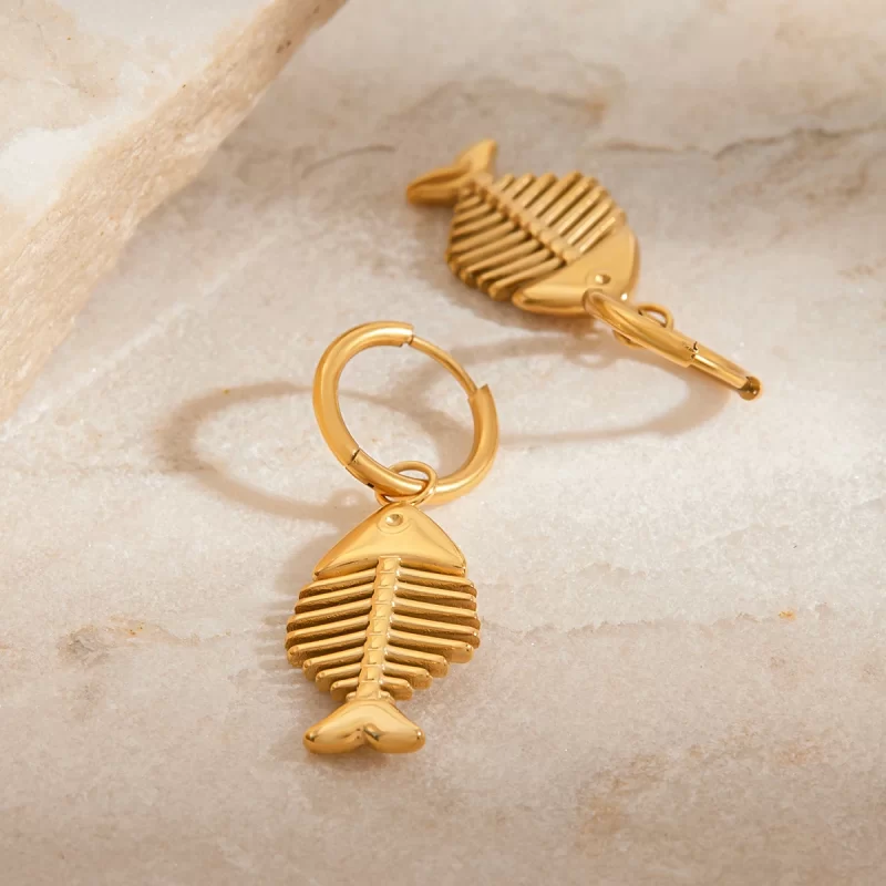 18K Gold Plated Stainless Steel Ocean Beach Summer Jewelry Sea Fish Bone Pendant Earrings - Image 5