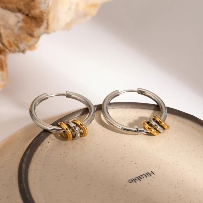 18k Gold Stainless Steel Drop Earrings Minimalist Two-Tone Hoop with Gold Loops and Trendy Diamond Pearl Stone Plating - Image 3
