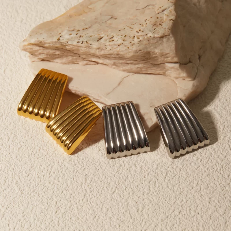 Chunky Jewelry 18K Gold Plated Texture Earrings Statement Stainless Steel Rectangular Stripe Earring - Image 3