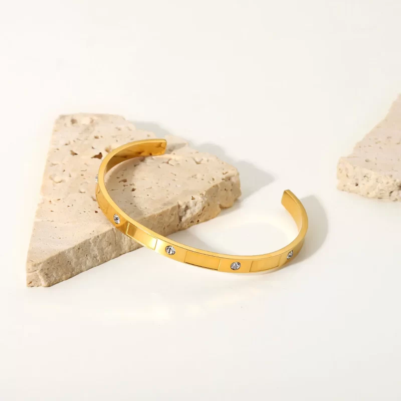 Non-tarnish Stainless Steel Bangle Round Zircon Inlaid Rectangular Alternating Bracelet for Women - Image 3