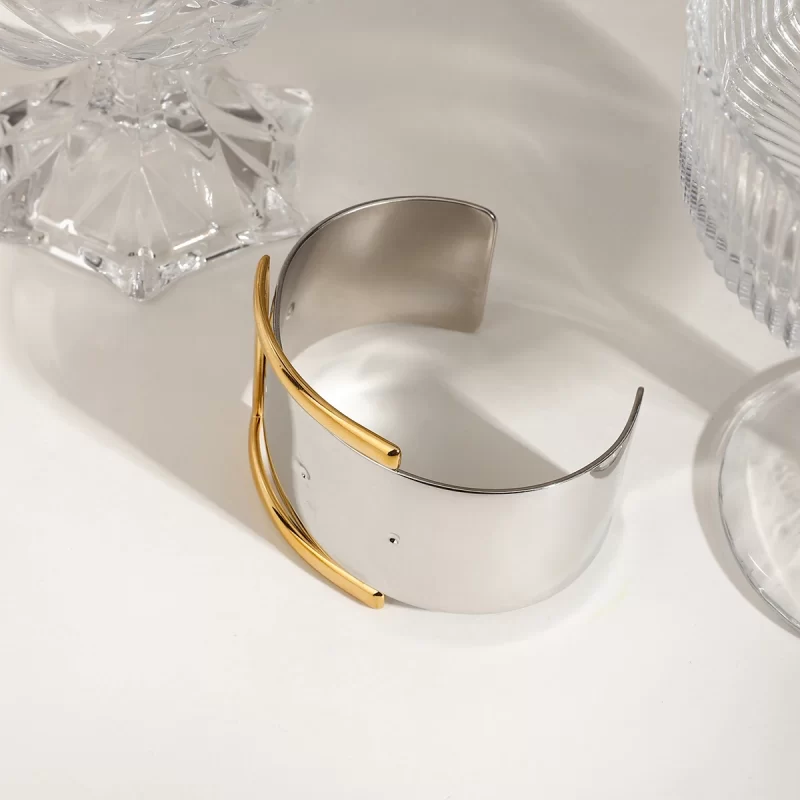 J&D Modern Minimalist 18K Gold Stainless Steel Gold Silver Two-Tone Belt Buckle Open Cuff Bracelet for Women - Image 3