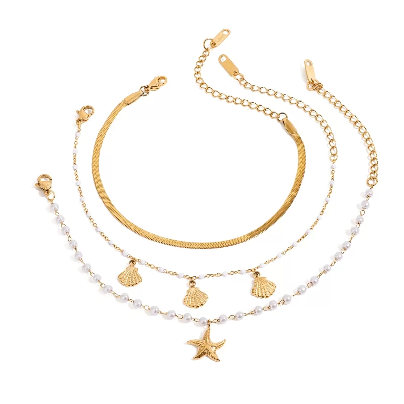 J&D Ocean Summer 18K Gold Plated Stainless Steel Bracelet Starfish Shell Pearl 3pcs/set Bracelets Holiday Wearing