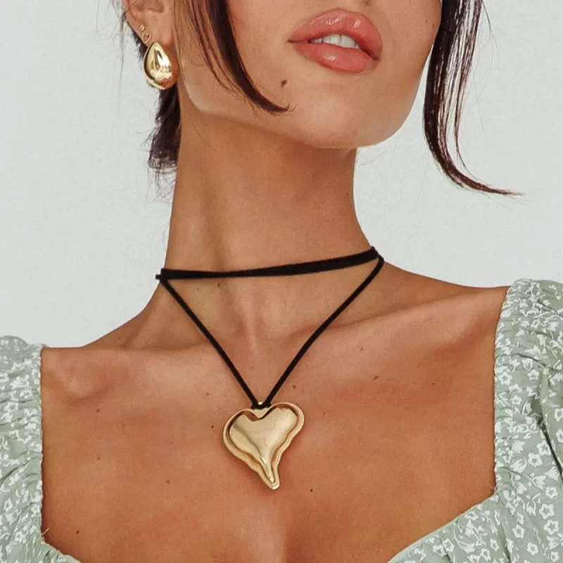 J&D 18k Stainless Steel Playful Chubby Heart Balloon Smooth Pendant Luxury Necklace Black Velvet 140cm - Image 4