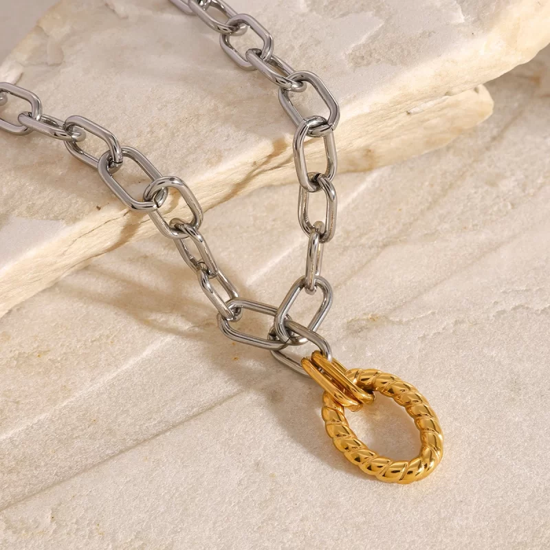J&D 18k Gold Stainless Steel Silver and Gold Twisted Oval Hollow Circle Cross Chain Necklaces - Image 2