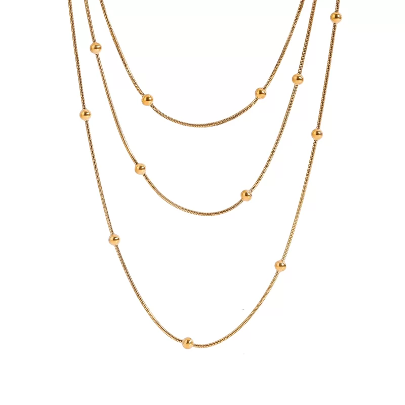 J&D Triple Layer Beaded Chain Necklace 18k Gold Plated Stainless Steel Simple Minimalist Modern Design - Image 2