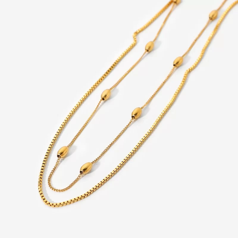 18k Gold Small Cube Collar Stainless Steel Double Layered Necklace Oval Ball Beads Chain Choker Necklace - Image 4