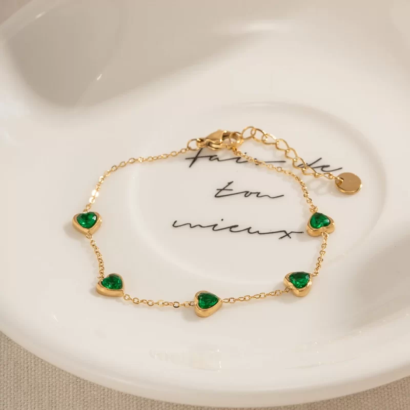14K Gold Plated Stainless Steel Fine Chain Jewelry Gift Charm Mulit Green Heart Cubic Zirconia Bracelet - Image 4