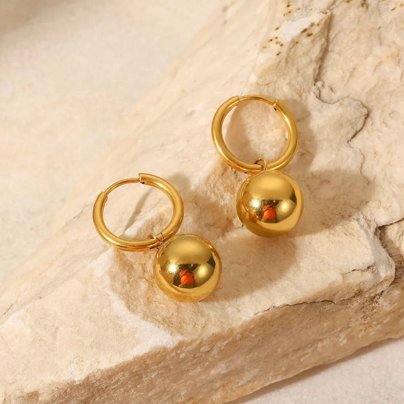 Ins Hot Solid Ball Pendant Earrings Stainless Steel Gold Plated Jewelry Gift Ring Hoop Earrings - Image 5