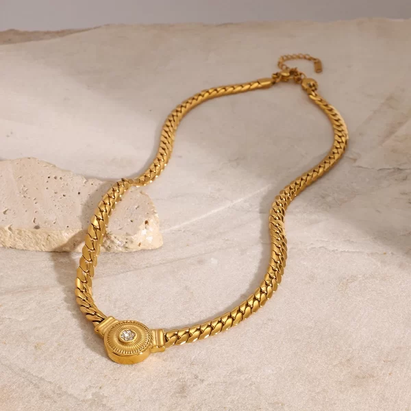 J&D 18k Gold Stainless Steel White Zircon Ribbed Round Pendant 45cm Cuban Chain Necklace Watch Chain