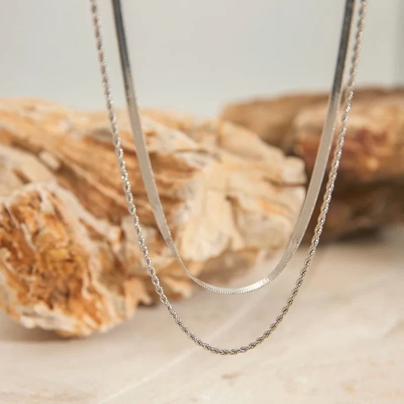 J&D Jewelry Waterproof 18K PVD Gold Plating Also Silver Colorway Two Layers Rope Flat Snake Chain Necklace - Image 3