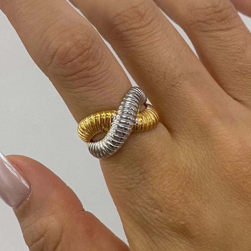 Waterproof 18K Gold Plated Stainless Steel High Shell Shape Cross Double Layered Cute Geometric Open Rings - Image 2