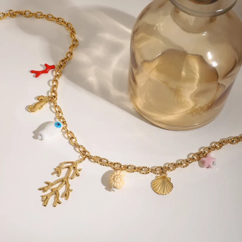 J&D Spring Summer Charm Collection Ocean Series 18K Gold Plated Stainless Steel Necklace with Pearl Flower Charms Jewelry - Image 5