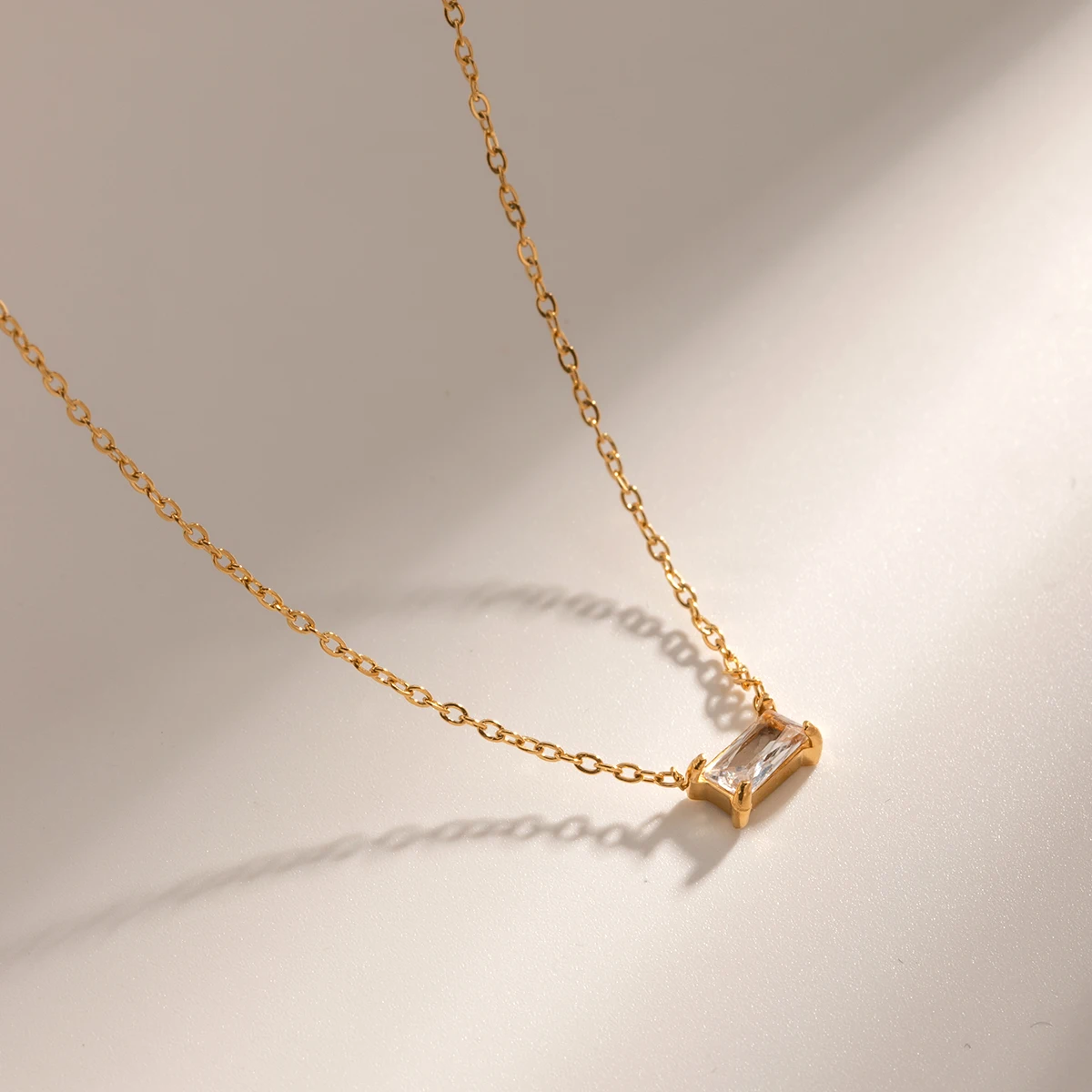 J&D Jewelry Dainty 18K Gold Plated Stainless Steel Rectangle CZ Zirconia Pendant Necklace for Women