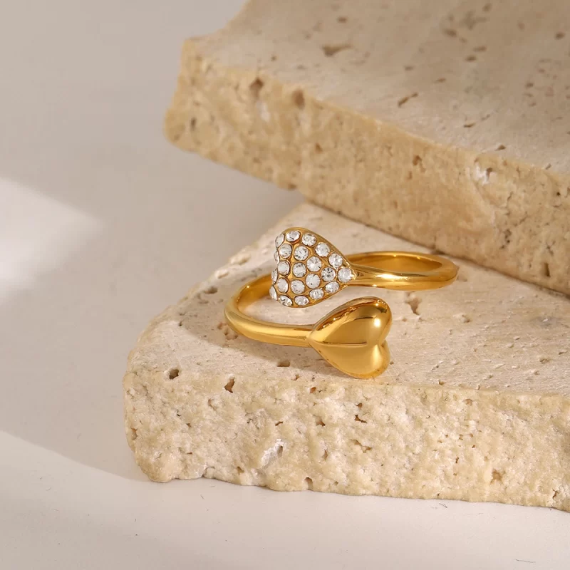 J&D Alluring Stainless Steel Women Jewelry Rings 18K Gold Asymmetric Heart Shaped Rhinestone Open Rings - Image 2
