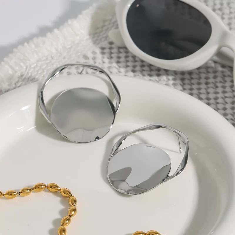 Stainless Steel Oversized Polished Bold Statement Fashion Jewelry Hollow Round Hoop Earrings - Image 3